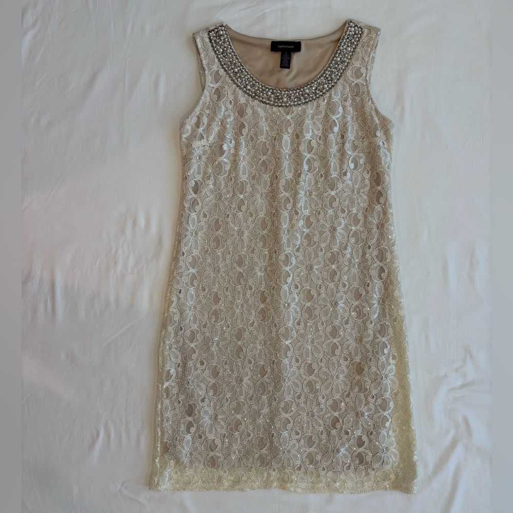 R&M Richards Cream Lace Mini Dress with Embellished Neckline